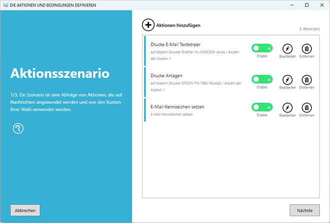 Szenario mit Aktionen zum Drucken von E-Mails und Anhängen