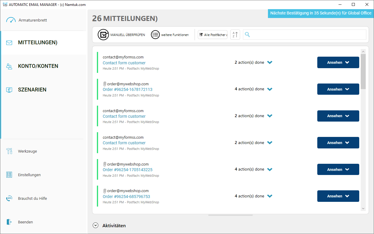 Automatic Email Manager interface