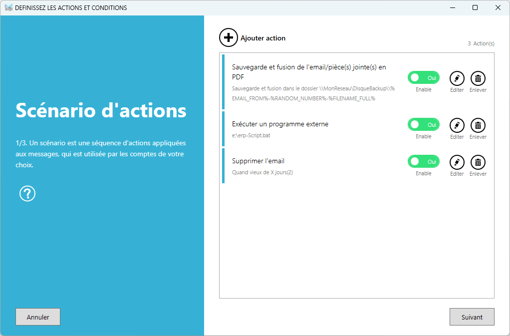 Creation de scénario avec les actions pour convertir un email