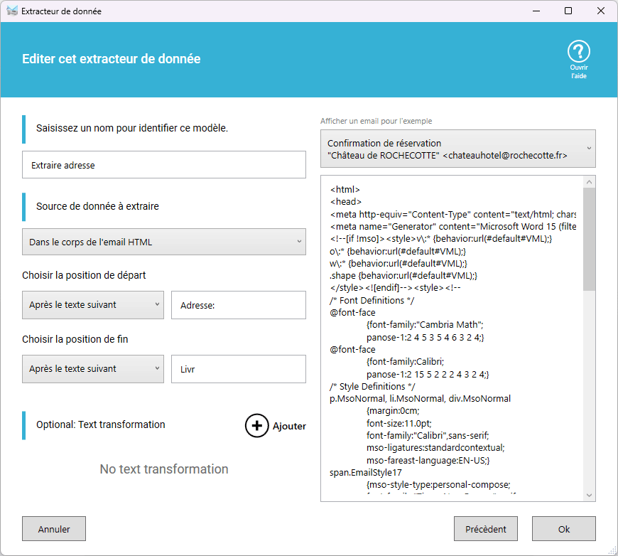 Option d'extraction des données