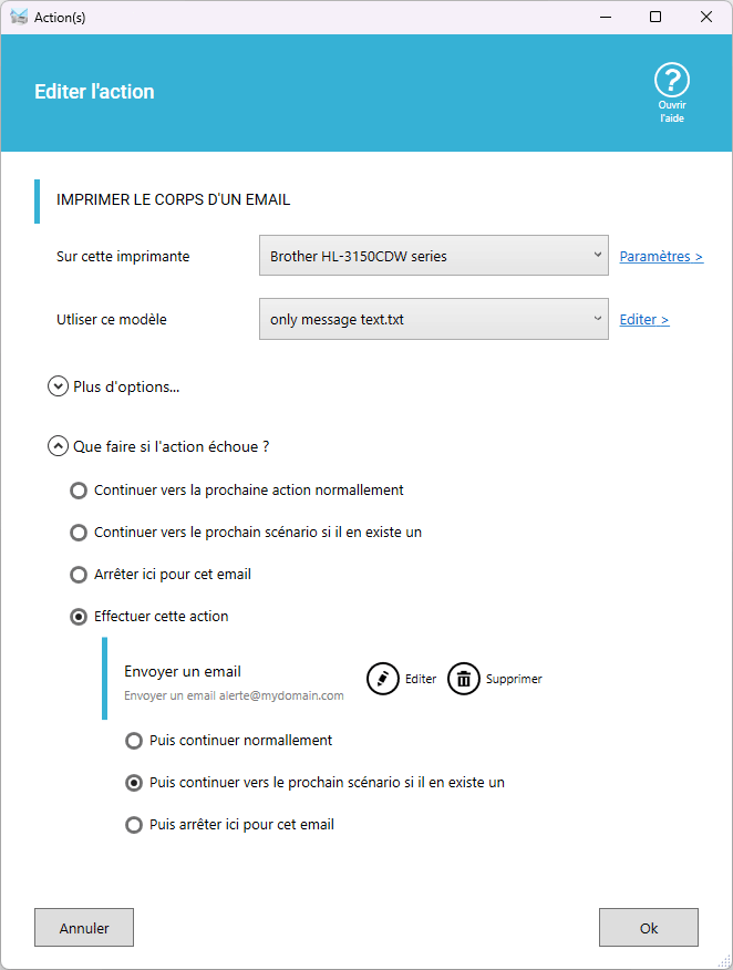 Configuration de l'action de secours