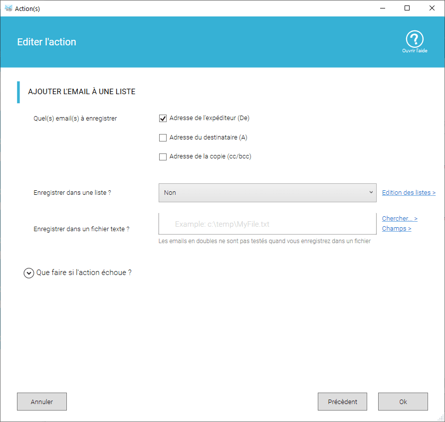 Paramètres pour collecter les addresses emails