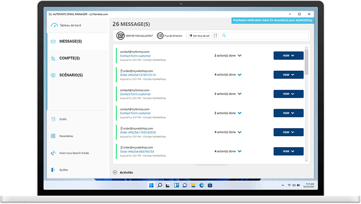 interface utilisation Automatic Email Manager