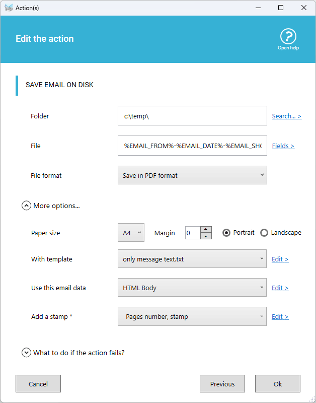 Add the action to save email