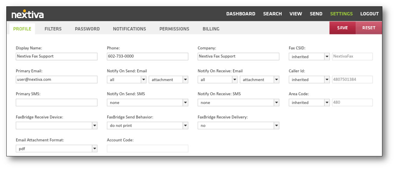 Nextiva control panel