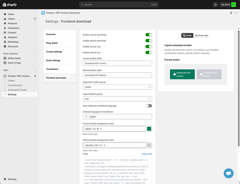 Paramètrages pour l'app Fordeer Invoice Generator dans Shopify