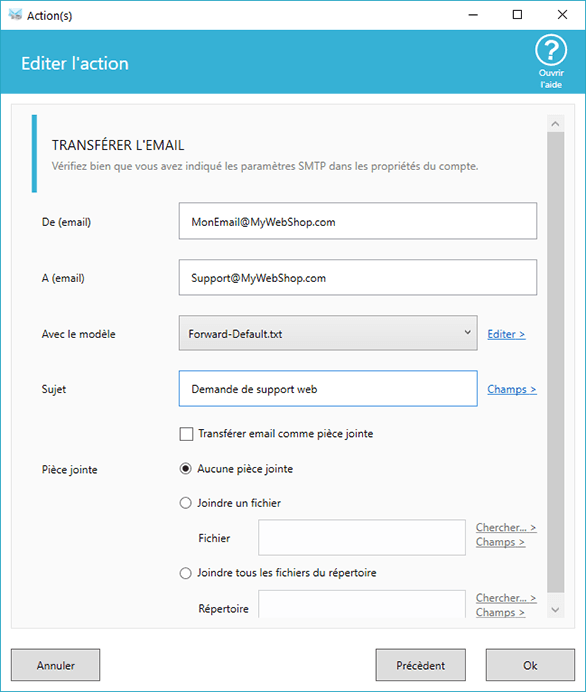 Options pour le transfert d'email