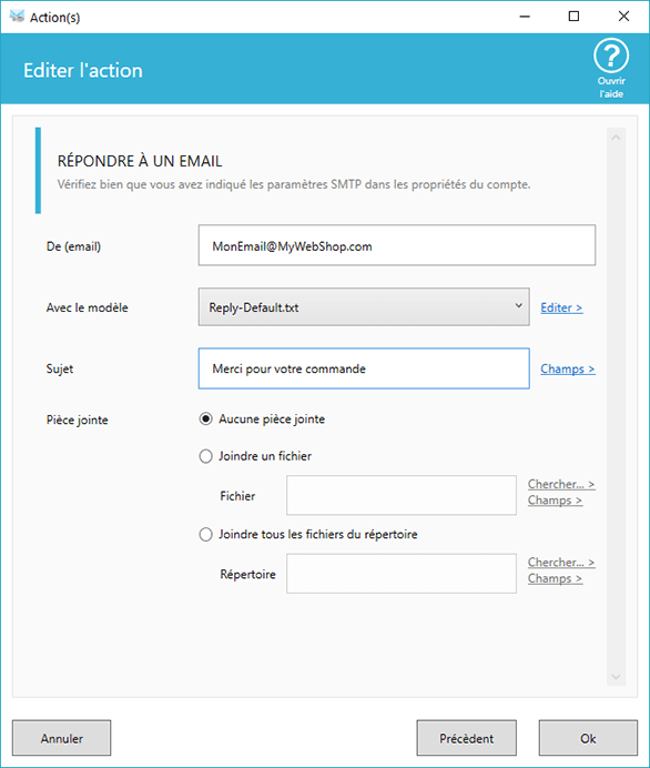 Options réponse aux emails