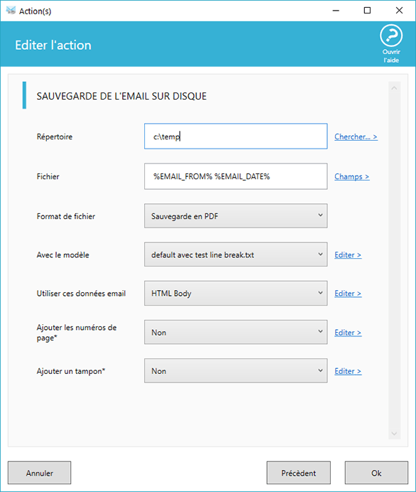 Options pour l'enregistrement