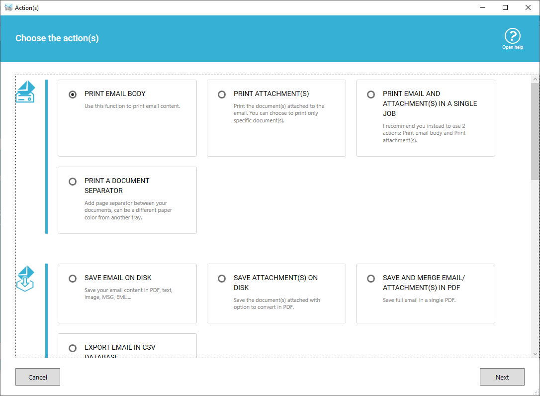 List of possible actions