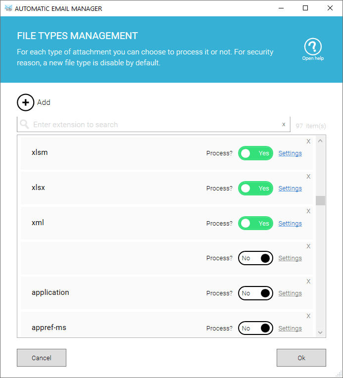 List of file types to process or not
