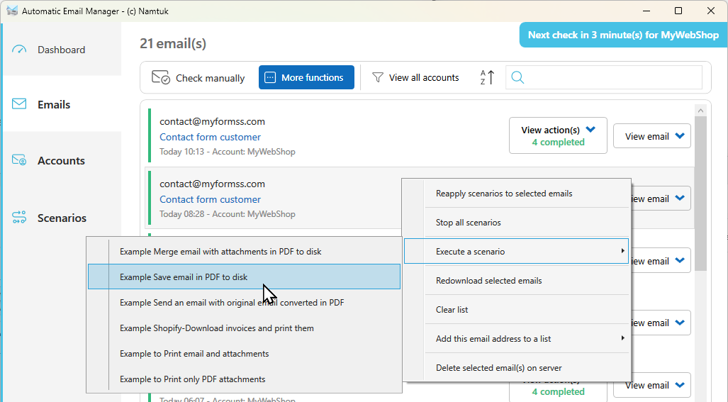 Execute a manual scenario on any email
