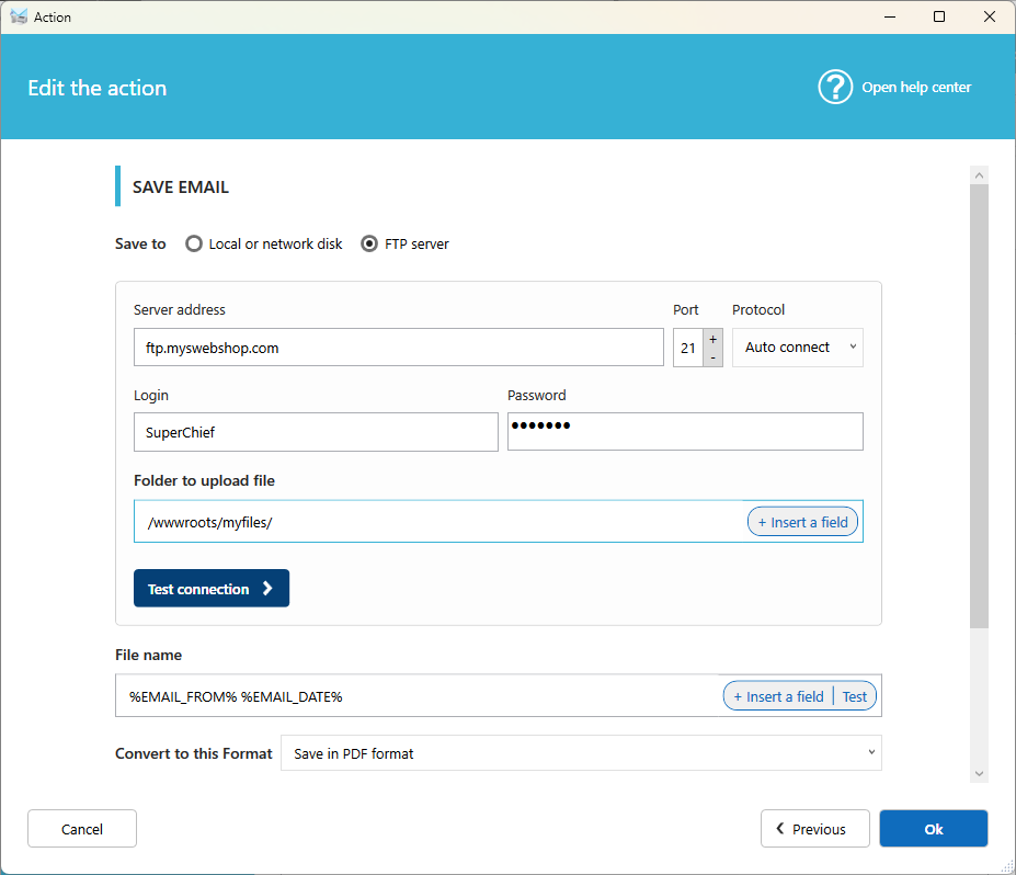 Save email converted to FTP